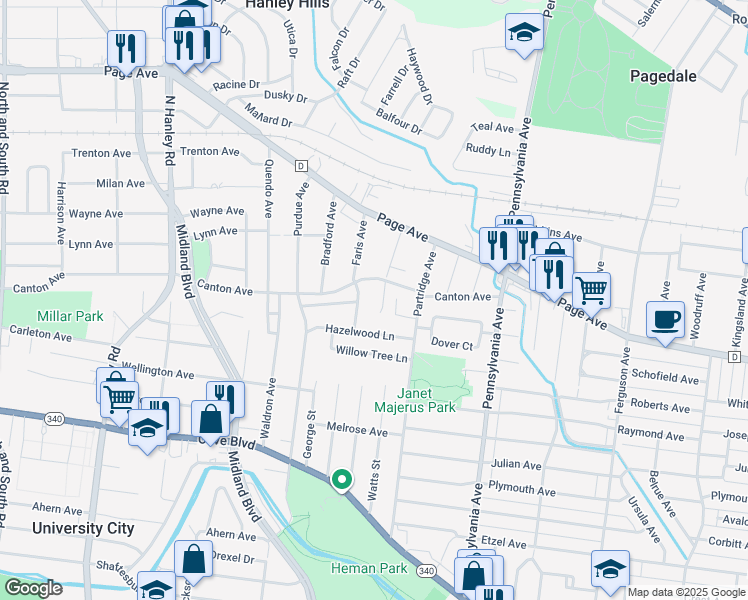 map of restaurants, bars, coffee shops, grocery stores, and more near 1437 Forest Green Court in St. Louis