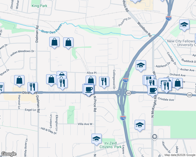 map of restaurants, bars, coffee shops, grocery stores, and more near 1127 Reyem Court in Olivette