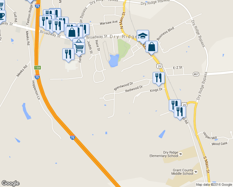 map of restaurants, bars, coffee shops, grocery stores, and more near 259 Redwood Dr in Dry Ridge