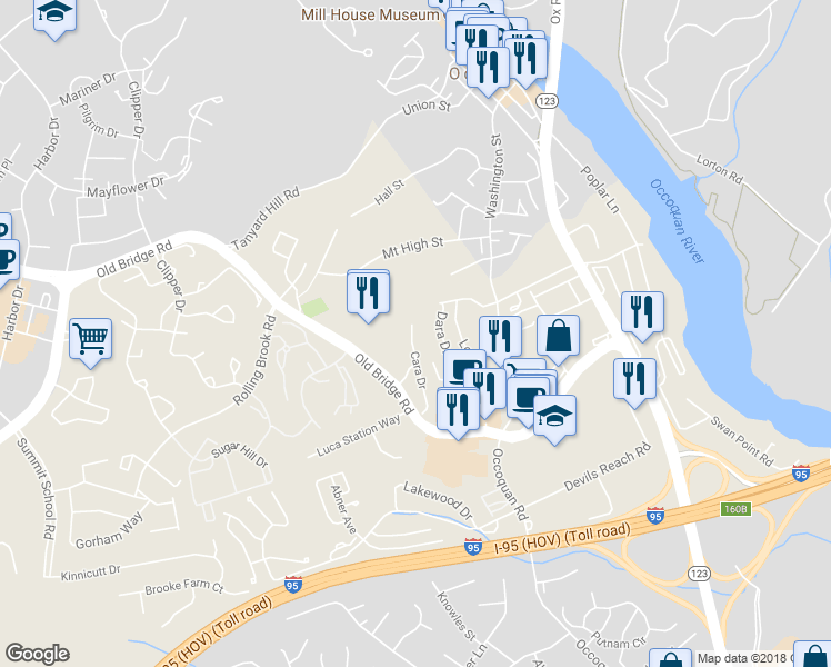 map of restaurants, bars, coffee shops, grocery stores, and more near 12755 Cara Drive in Woodbridge