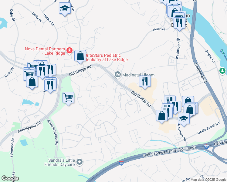 map of restaurants, bars, coffee shops, grocery stores, and more near 12720 Rolling Brook Drive in Woodbridge