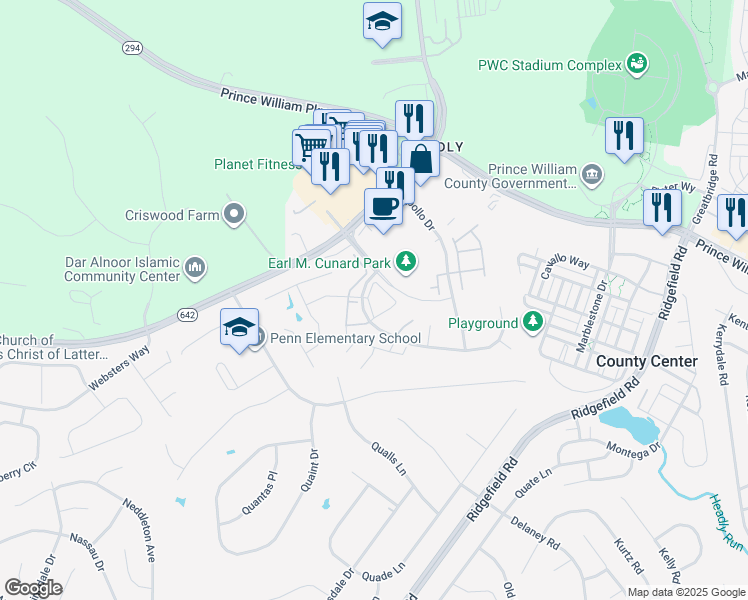 map of restaurants, bars, coffee shops, grocery stores, and more near 12810 Island House Loop in Dale City