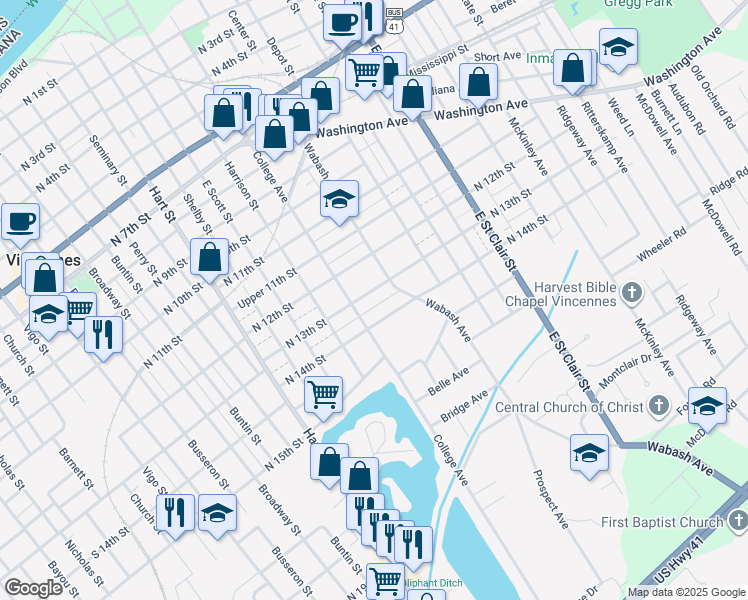 map of restaurants, bars, coffee shops, grocery stores, and more near 1025 North 13th Street in Vincennes