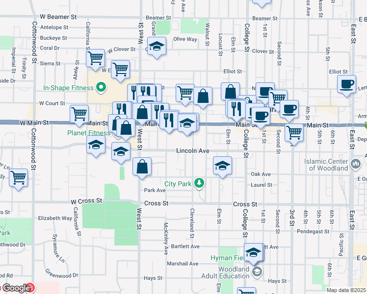 map of restaurants, bars, coffee shops, grocery stores, and more near 177 Lincoln Avenue in Woodland