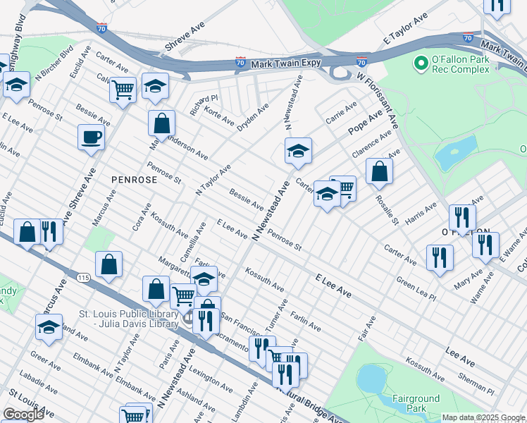 map of restaurants, bars, coffee shops, grocery stores, and more near 4223 North Newstead Avenue in St. Louis