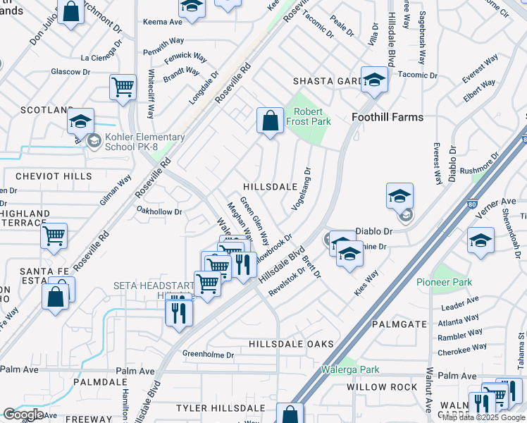 map of restaurants, bars, coffee shops, grocery stores, and more near 5937 Brett Drive in Sacramento