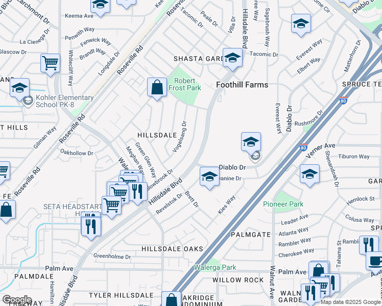 map of restaurants, bars, coffee shops, grocery stores, and more near 4840 Willowbrook Dr in Sacramento