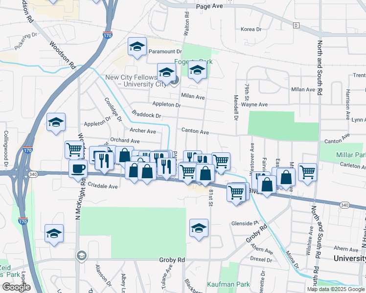 map of restaurants, bars, coffee shops, grocery stores, and more near 1267 Laughren Drive in University City