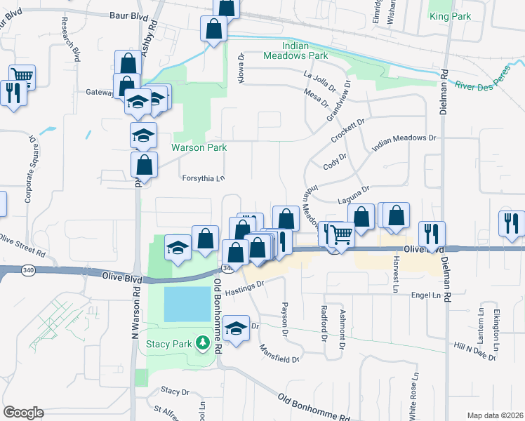 map of restaurants, bars, coffee shops, grocery stores, and more near 1122 Basswood Lane in Olivette
