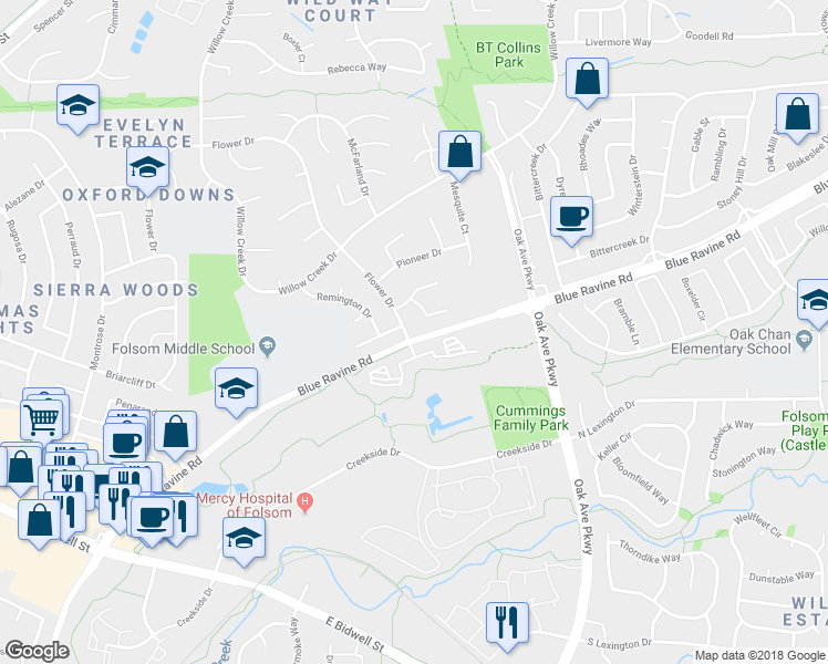 map of restaurants, bars, coffee shops, grocery stores, and more near 650 Flower Drive in Folsom