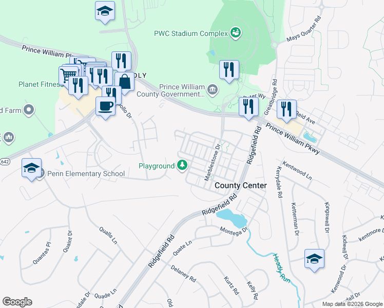 map of restaurants, bars, coffee shops, grocery stores, and more near 12920 Leatherwood Lane in Woodbridge