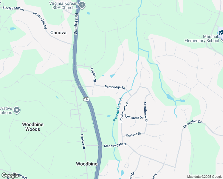 map of restaurants, bars, coffee shops, grocery stores, and more near 7867 Pembridge Road in Manassas