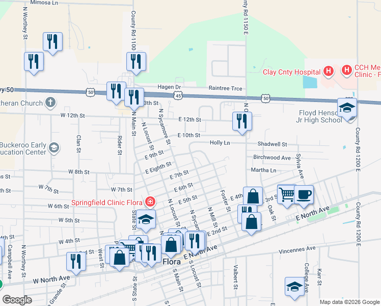 map of restaurants, bars, coffee shops, grocery stores, and more near 339 Jefferson Ave in Flora
