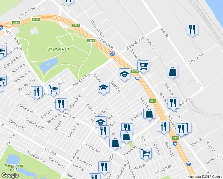 map of restaurants, bars, coffee shops, grocery stores, and more near 5212 Conde Street in St. Louis