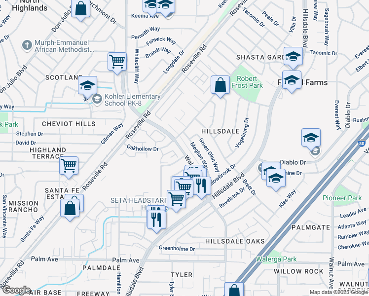 map of restaurants, bars, coffee shops, grocery stores, and more near 5960 Walerga Road in Sacramento