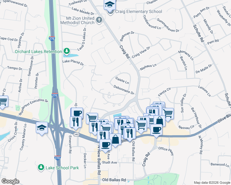 map of restaurants, bars, coffee shops, grocery stores, and more near 11951 Charter Oak Parkway in St. Louis