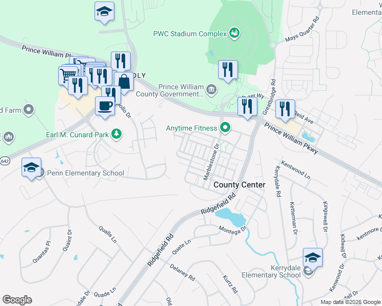map of restaurants, bars, coffee shops, grocery stores, and more near 12920 Leatherwood Lane in Woodbridge