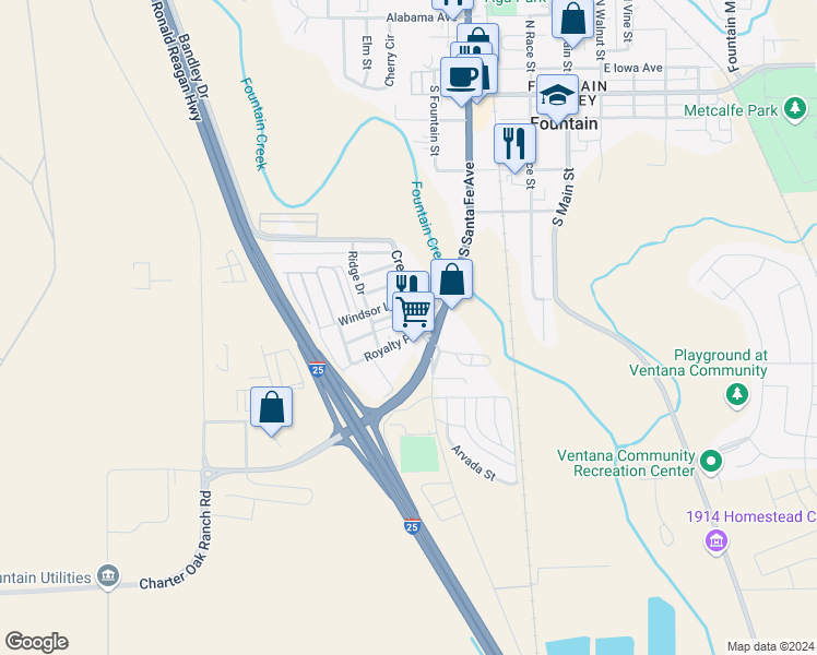 map of restaurants, bars, coffee shops, grocery stores, and more near 412 Royalty Place in Fountain