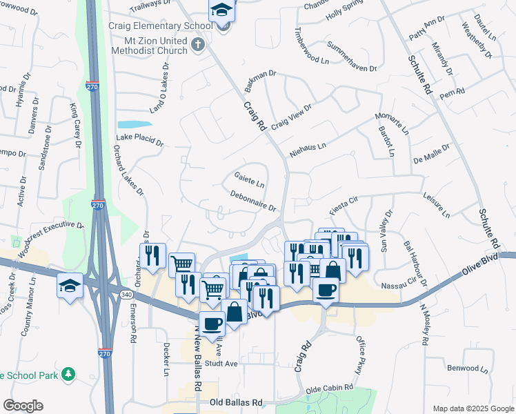 map of restaurants, bars, coffee shops, grocery stores, and more near 11927 Charter Oak Parkway in St. Louis