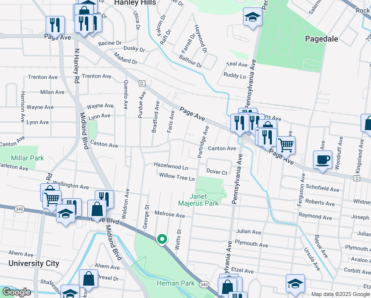 map of restaurants, bars, coffee shops, grocery stores, and more near 1437 Forest Green Court in St. Louis