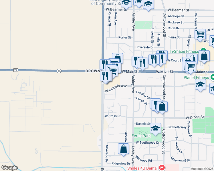 map of restaurants, bars, coffee shops, grocery stores, and more near 375 West Main Street in Woodland
