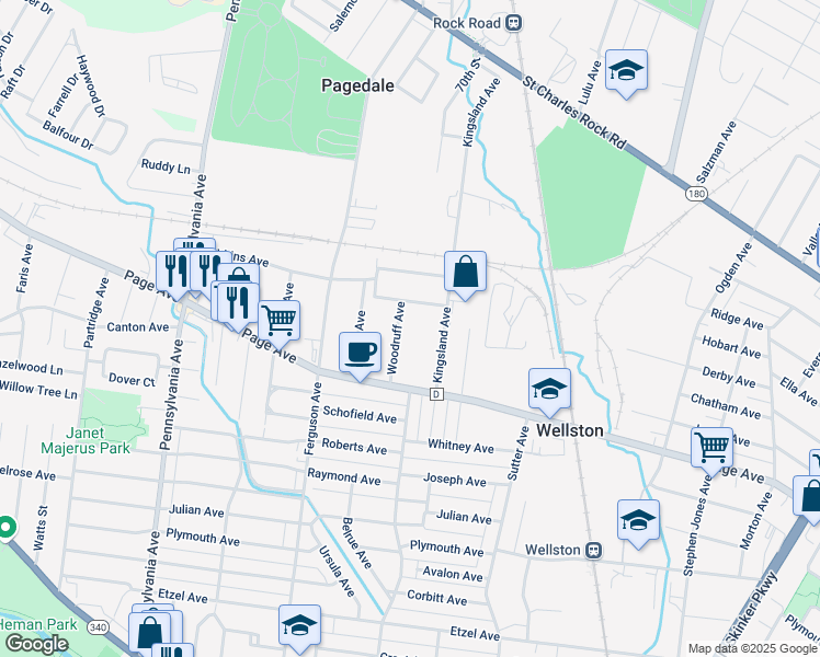 map of restaurants, bars, coffee shops, grocery stores, and more near 1338 Woodruff Avenue in St. Louis