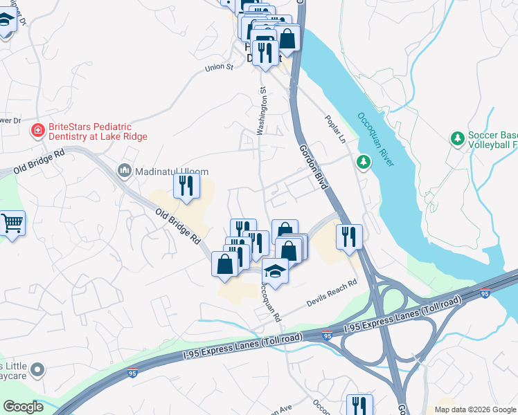 map of restaurants, bars, coffee shops, grocery stores, and more near 12704 Occoquan Road in Woodbridge
