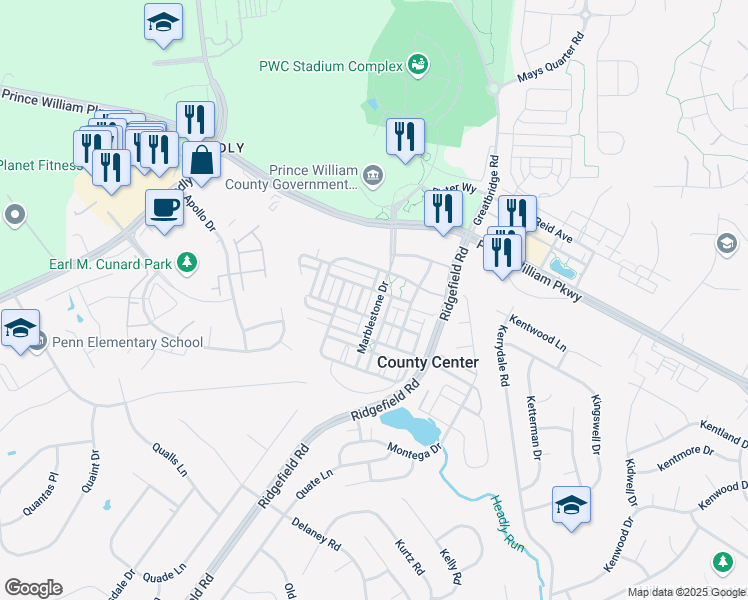 map of restaurants, bars, coffee shops, grocery stores, and more near 12826 Marblestone Drive in Woodbridge