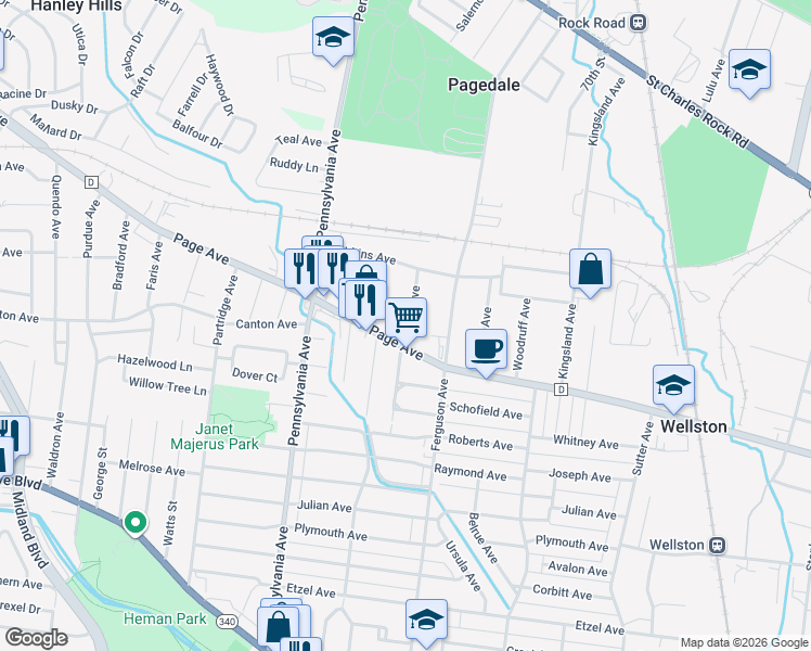 map of restaurants, bars, coffee shops, grocery stores, and more near 1321 Leroy Avenue in St. Louis