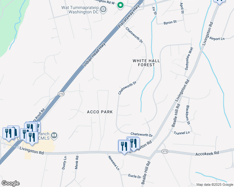 map of restaurants, bars, coffee shops, grocery stores, and more near 823 Chatsworth Drive in Accokeek