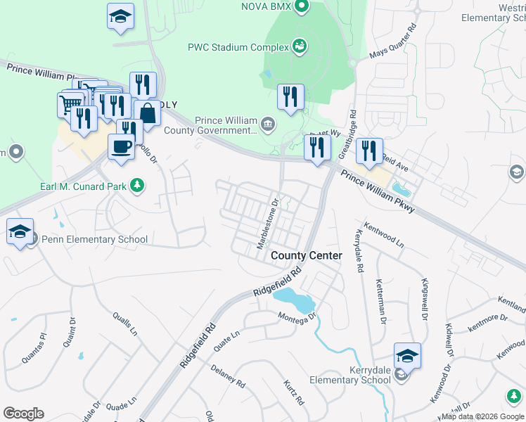 map of restaurants, bars, coffee shops, grocery stores, and more near 12959 Mandolin Lane in Woodbridge