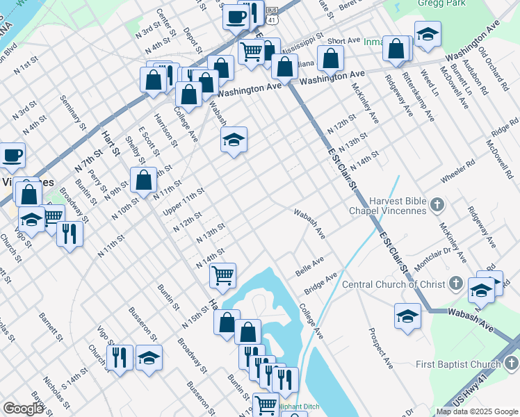 map of restaurants, bars, coffee shops, grocery stores, and more near 1025 North 13th Street in Vincennes