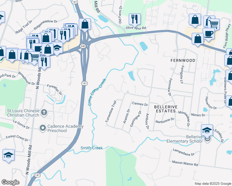 map of restaurants, bars, coffee shops, grocery stores, and more near 13210 Autumn Trails Court in St. Louis