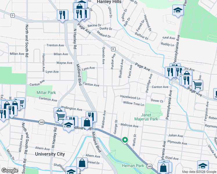 map of restaurants, bars, coffee shops, grocery stores, and more near 1438 Waldron Ave in St Louis