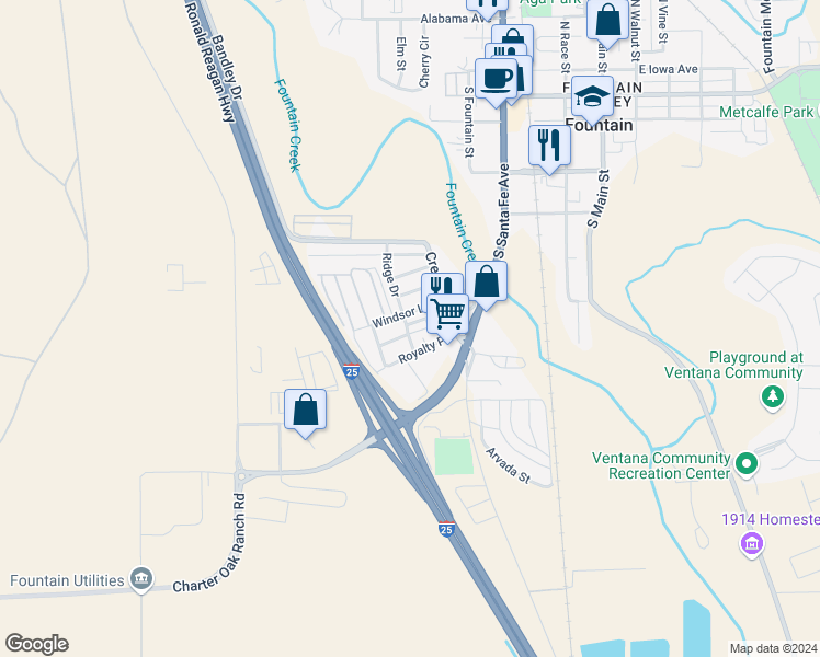 map of restaurants, bars, coffee shops, grocery stores, and more near 420 Royalty Place in Fountain