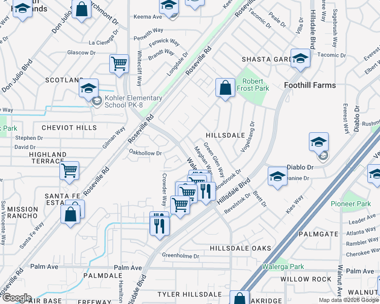 map of restaurants, bars, coffee shops, grocery stores, and more near 5966 Walerga Road in Sacramento