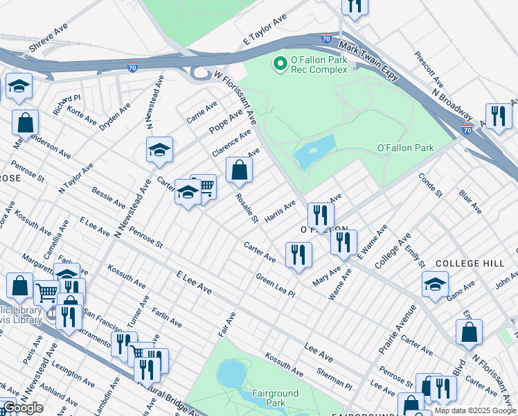 map of restaurants, bars, coffee shops, grocery stores, and more near 4525 Harris Avenue in St. Louis