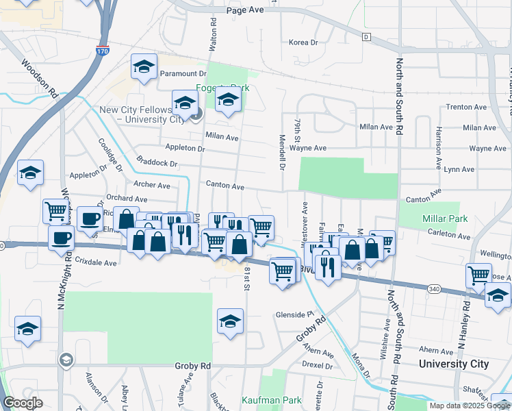 map of restaurants, bars, coffee shops, grocery stores, and more near 1337 Rushmore Drive in University City
