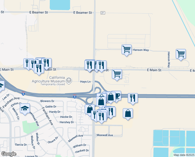 map of restaurants, bars, coffee shops, grocery stores, and more near 2030 Trade Court in Woodland