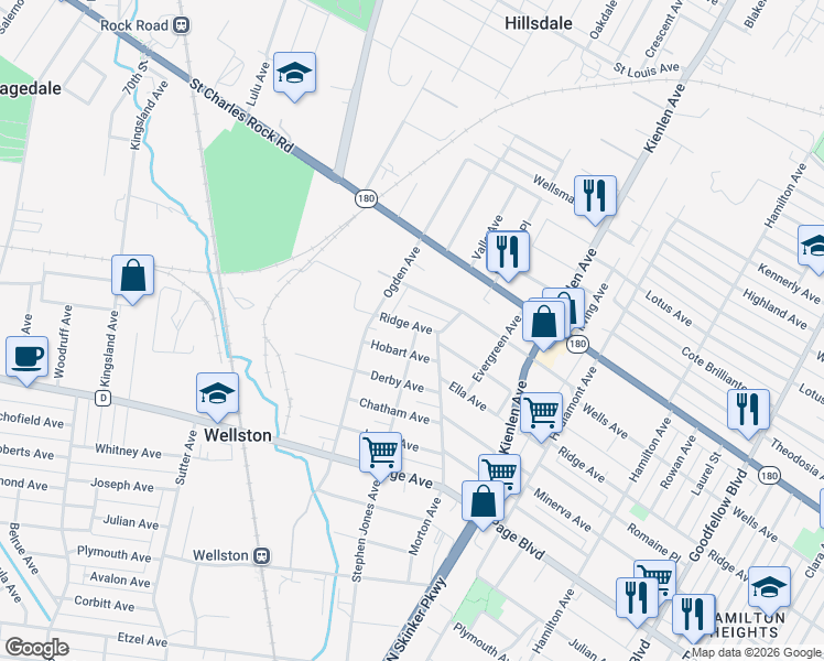 map of restaurants, bars, coffee shops, grocery stores, and more near 6426 Ridge Avenue in St. Louis