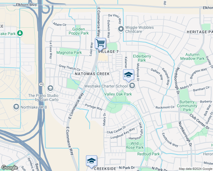 map of restaurants, bars, coffee shops, grocery stores, and more near 310 Uccello Way in Sacramento