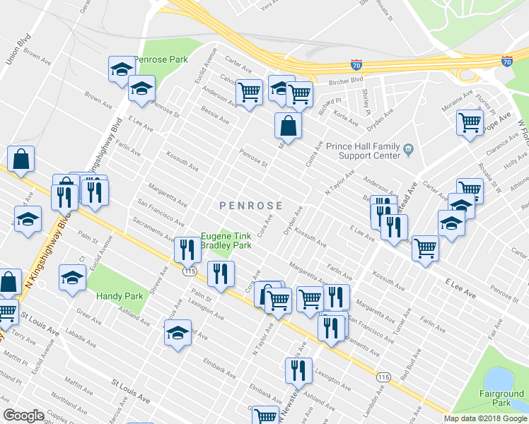 map of restaurants, bars, coffee shops, grocery stores, and more near 4632 Kossuth Avenue in St. Louis