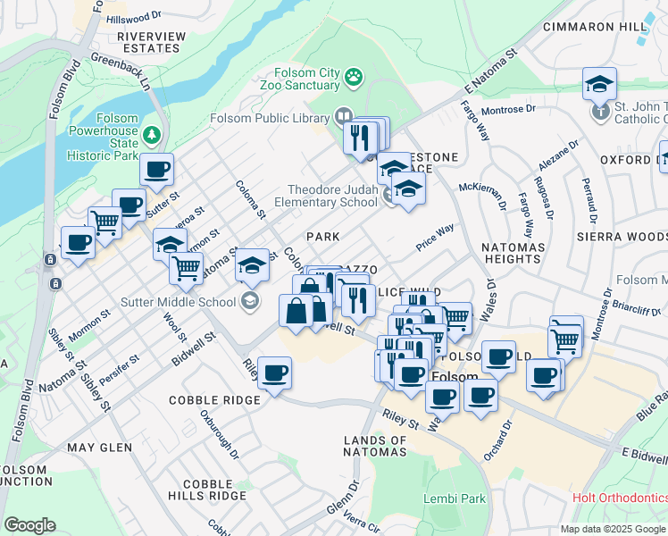 map of restaurants, bars, coffee shops, grocery stores, and more near 807 Rumsey Way in Folsom