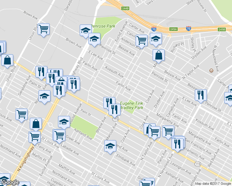 map of restaurants, bars, coffee shops, grocery stores, and more near 3935 Shreve Avenue in St. Louis