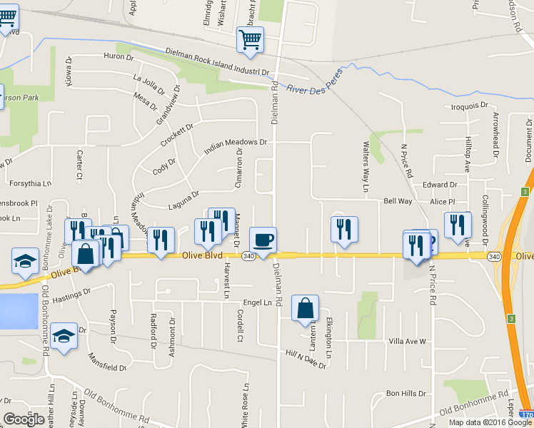 map of restaurants, bars, coffee shops, grocery stores, and more near 1137 Dielman Road in Olivette