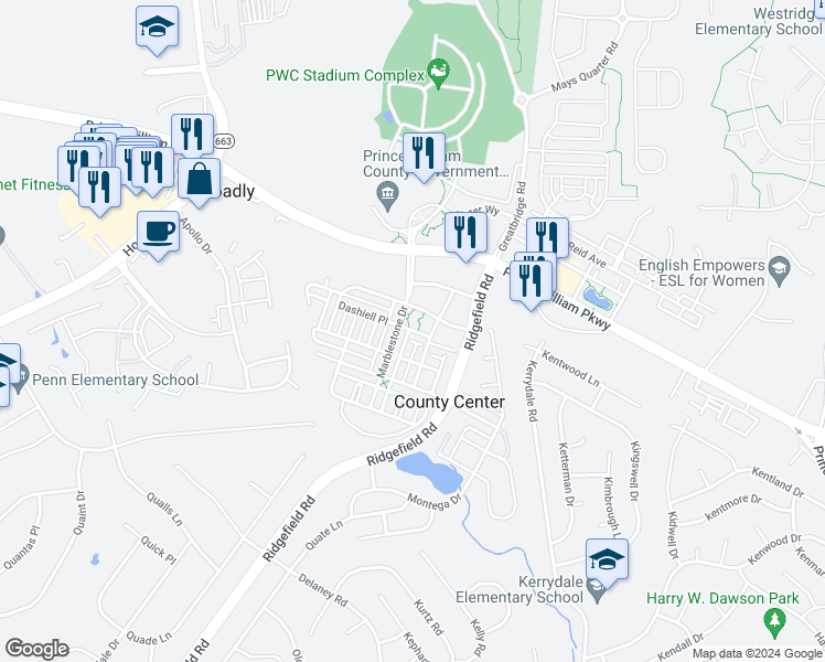 map of restaurants, bars, coffee shops, grocery stores, and more near 4823 Dashiell Place in Woodbridge