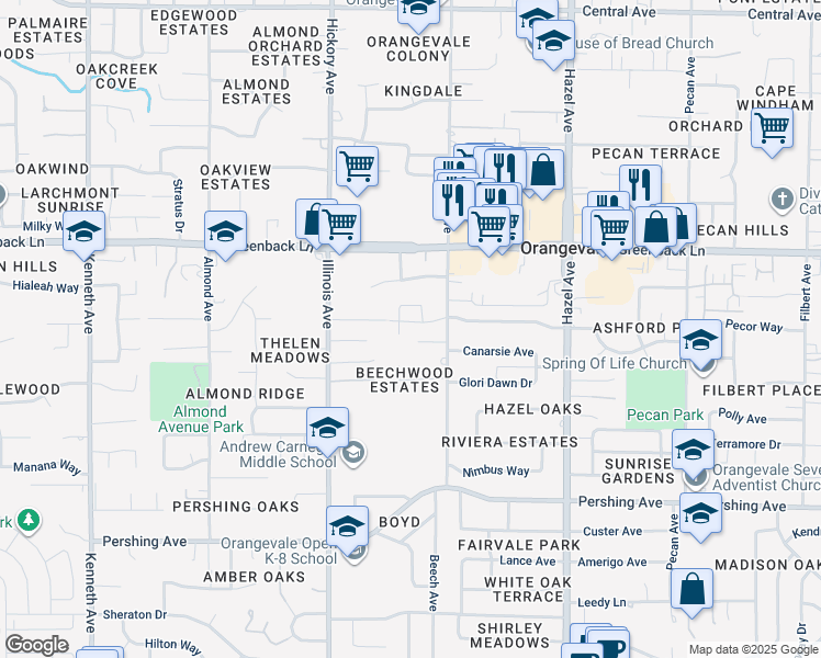 map of restaurants, bars, coffee shops, grocery stores, and more near 8766 Sherry Drive in Orangevale