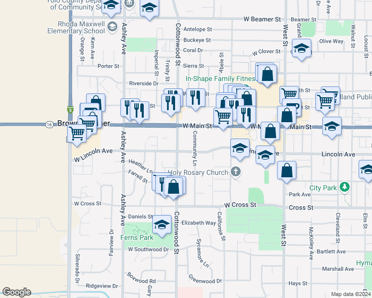 map of restaurants, bars, coffee shops, grocery stores, and more near 184 West Lincoln Avenue in Woodland