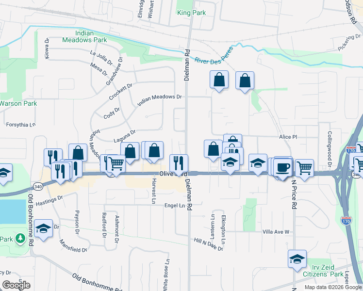 map of restaurants, bars, coffee shops, grocery stores, and more near 1137 Dielman Road in Olivette