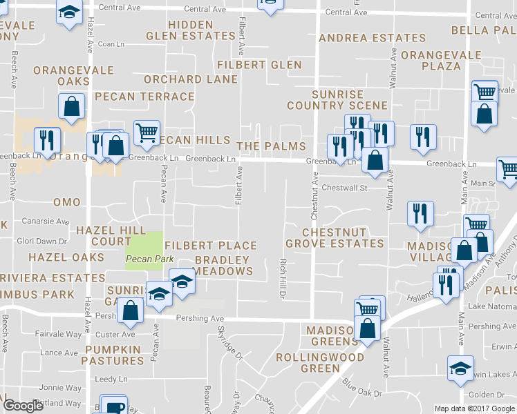 map of restaurants, bars, coffee shops, grocery stores, and more near 6030 Filbert Avenue in Orangevale